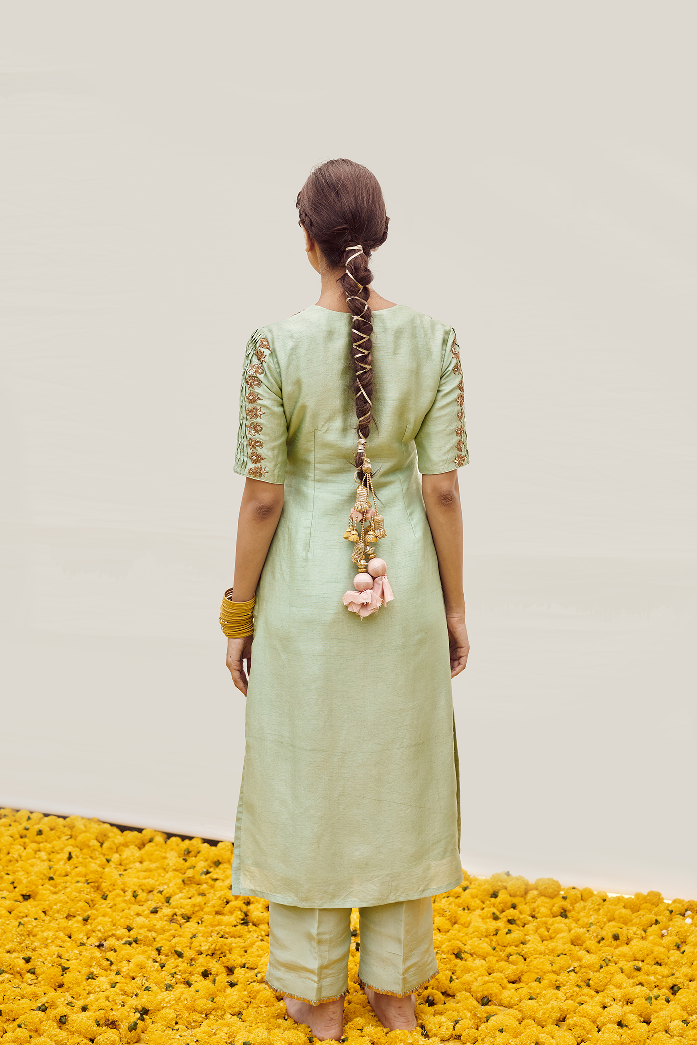 Mint Yellow kurta set with Hand embellished on Sleeves and bodice