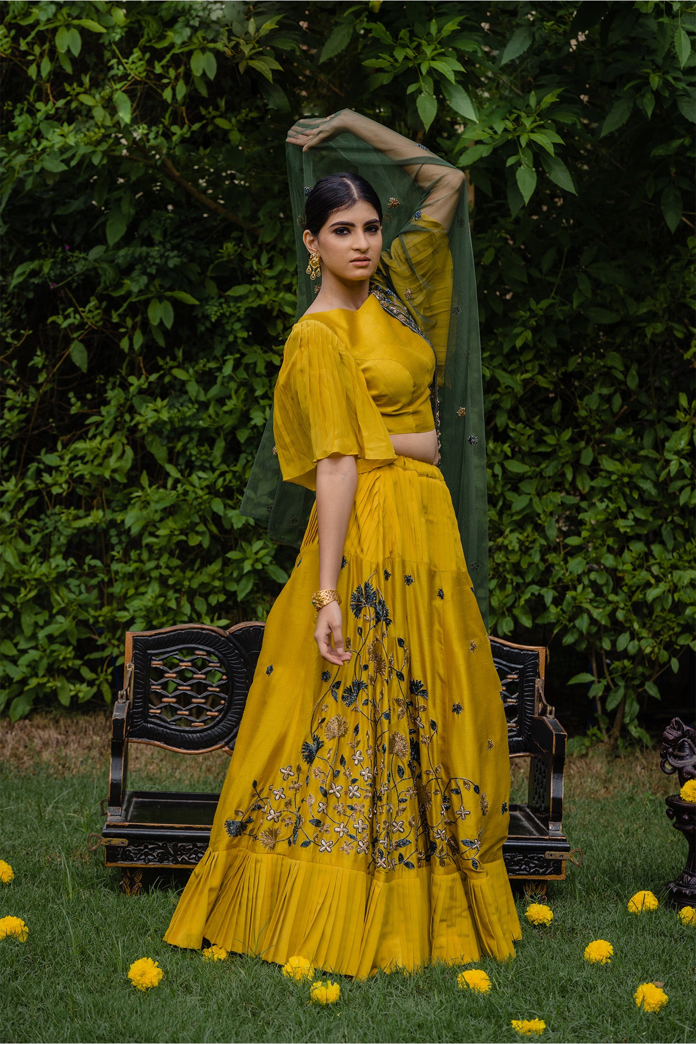 Green and Mustard Green and Mustard Cape Lehenga by Harneet Kaur for rent  online | FLYROBE